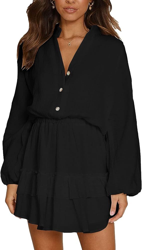 OPOIPIN Women's Layer Ruffle Button Front V Neck Elastic Waist Long Sleeve Mini Dress | Amazon (US)