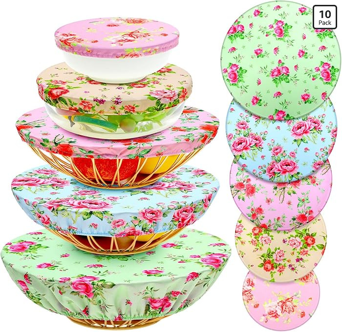 Patelai 10 Pcs Bowl Covers Reusable in 5 Size Stretch Cloth Fabric Elastic Food Storage Bowl Cove... | Amazon (US)
