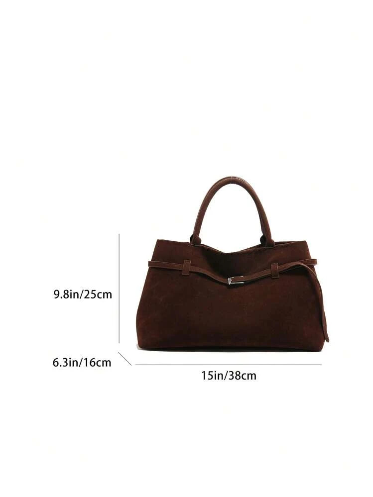 1pc Coffee Color Women Handbag, Retro Suede Leather Tote Bag With Large Capacity, Belt Decor, PU ... | SHEIN