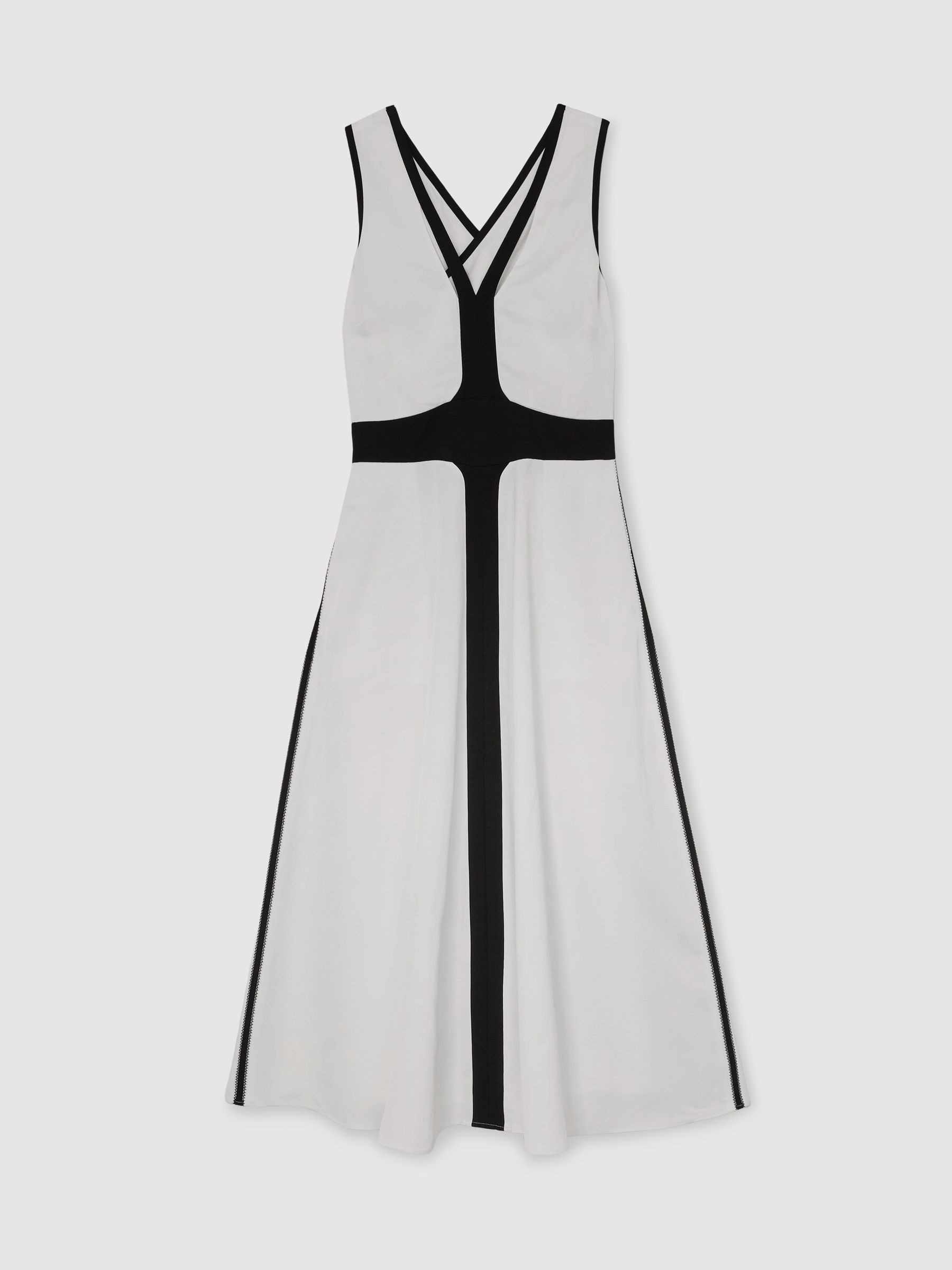Contrast-Trim Cross-Back Midi Dress with Linen in Ivory/Black | Reiss UK