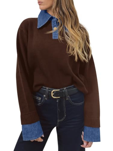 Saodimallsu Womens Denim Patchwork Sweaters V Neck Polo Pullover Tops | Amazon (US)