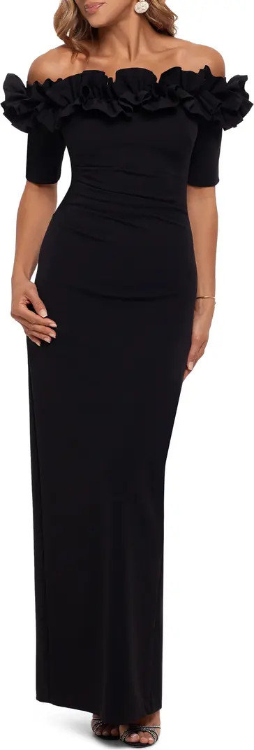 Ruffle Off the Shoulder Crepe Column Gown | Nordstrom