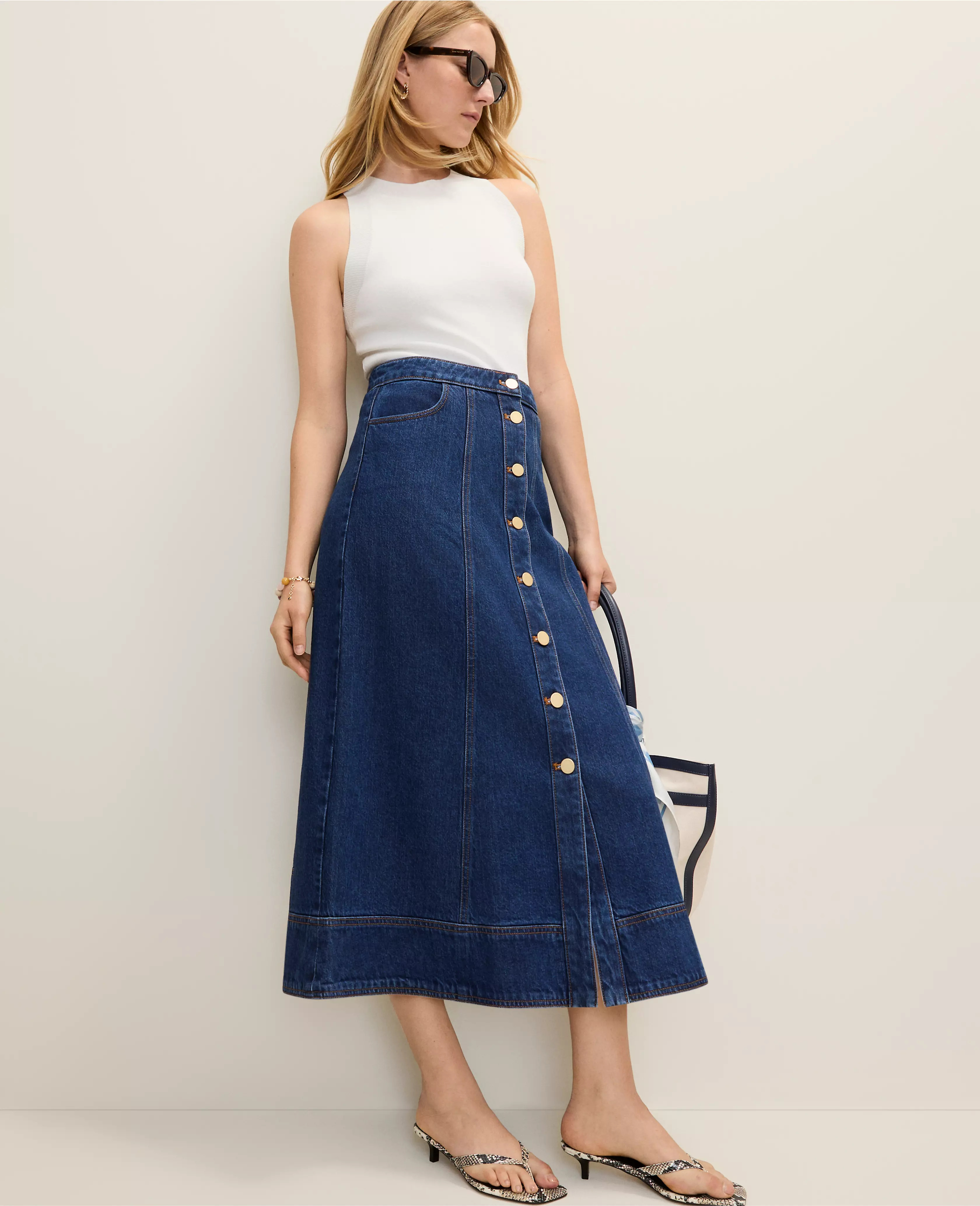 Buttoned Denim Midi Skirt | Ann Taylor