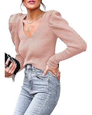 PRETTYGARDEN Women's Rib Knit Pullover Sweater Casual Long Puff Sleeve V Neck Solid Color Jumper ... | Amazon (US)