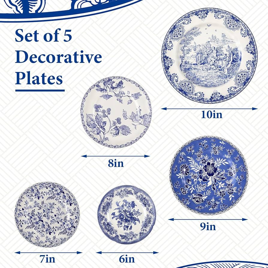 5 Pcs Coastal Vintage Ceramic Wall Plates Set, Blue and White Decoration Hanging Plates with Bota... | Amazon (US)