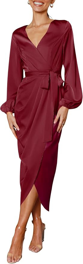 PRETTYGARDEN Women's Maxi Satin Puff Sleeve Wrap V Neck Ruched Belted Long Formal Cocktail Dresse... | Amazon (US)
