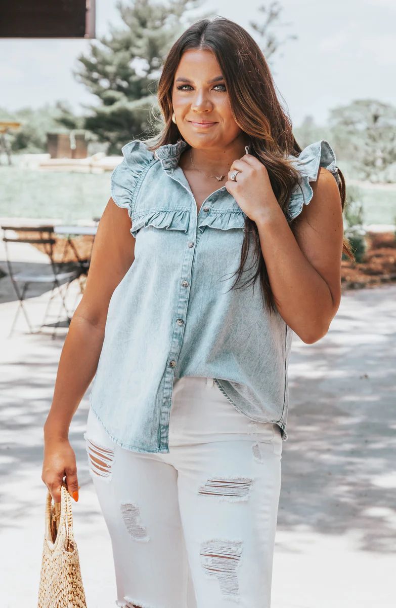 Land Of Opportunity Ruffled Denim Top | Apricot Lane Boutique