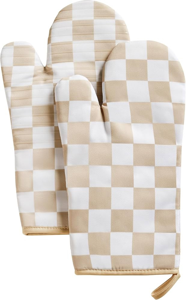 Beige Checkered Oven Mitts Heat Resistant, Vintage Retro Checkerboard Cute Oven Mitts, Non-Slip S... | Amazon (US)