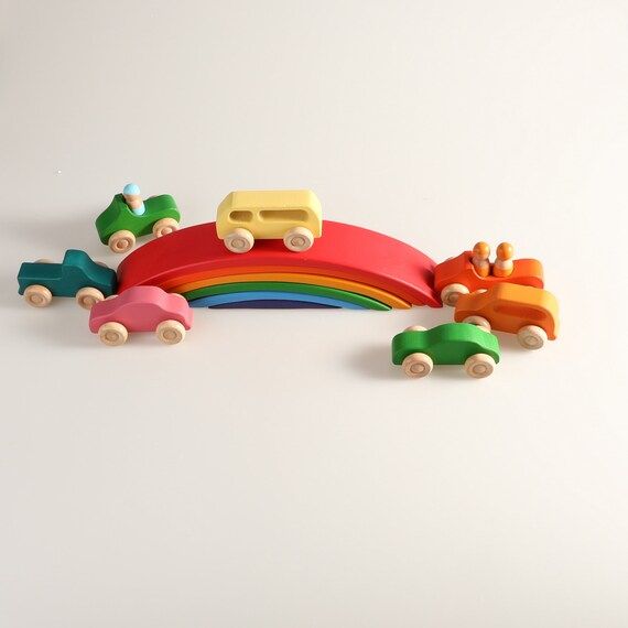 Wooden Car with Peg Dolls  Wooden Rainbow Bridge7 Wood Cars | Etsy | Etsy (US)