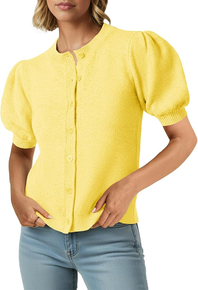 Saodimallsu Womens Puff Short Sleeve Cardigan Sweaters | Amazon (US)