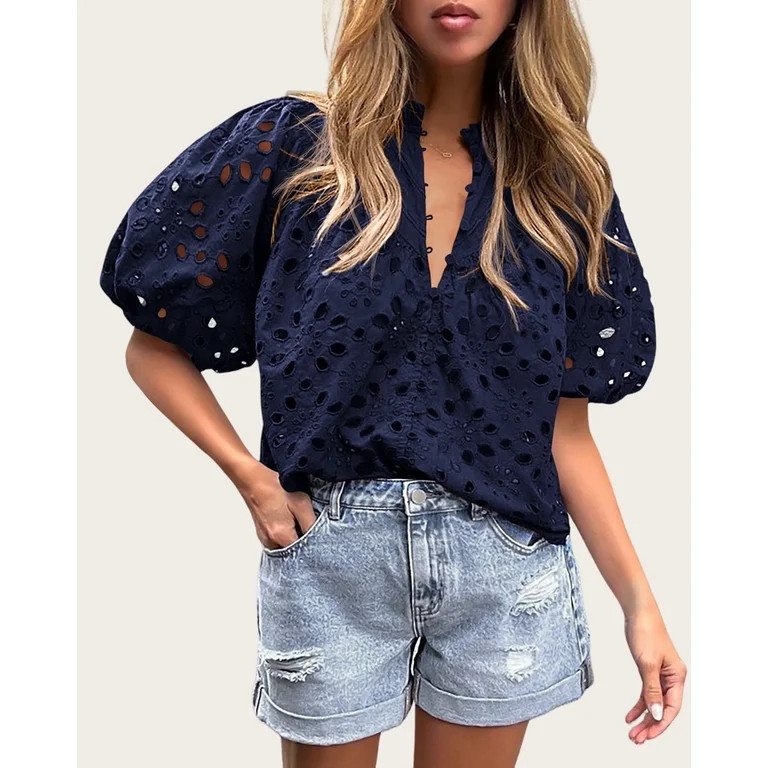 PRETTYGARDEN Women's Summer Tops Dressy Casual Short Lantern Sleeve V Neck Buttons Hollow Out Lac... | Walmart (US)