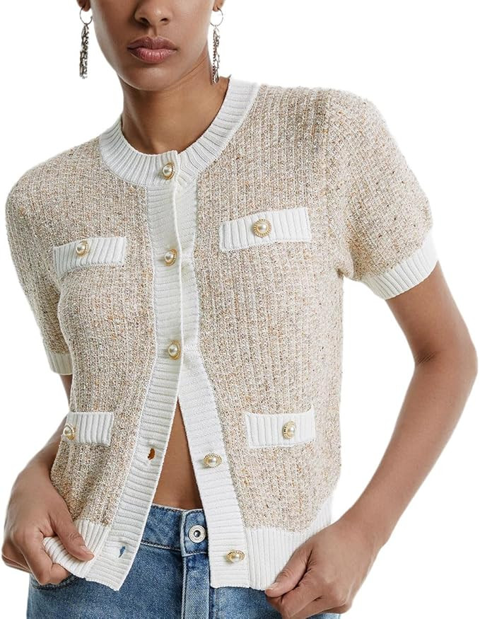 Womens Short Sleeve Cardigans Tops Summer Button Up Work Cropped Sweater Shirts 2025 | Amazon (US)