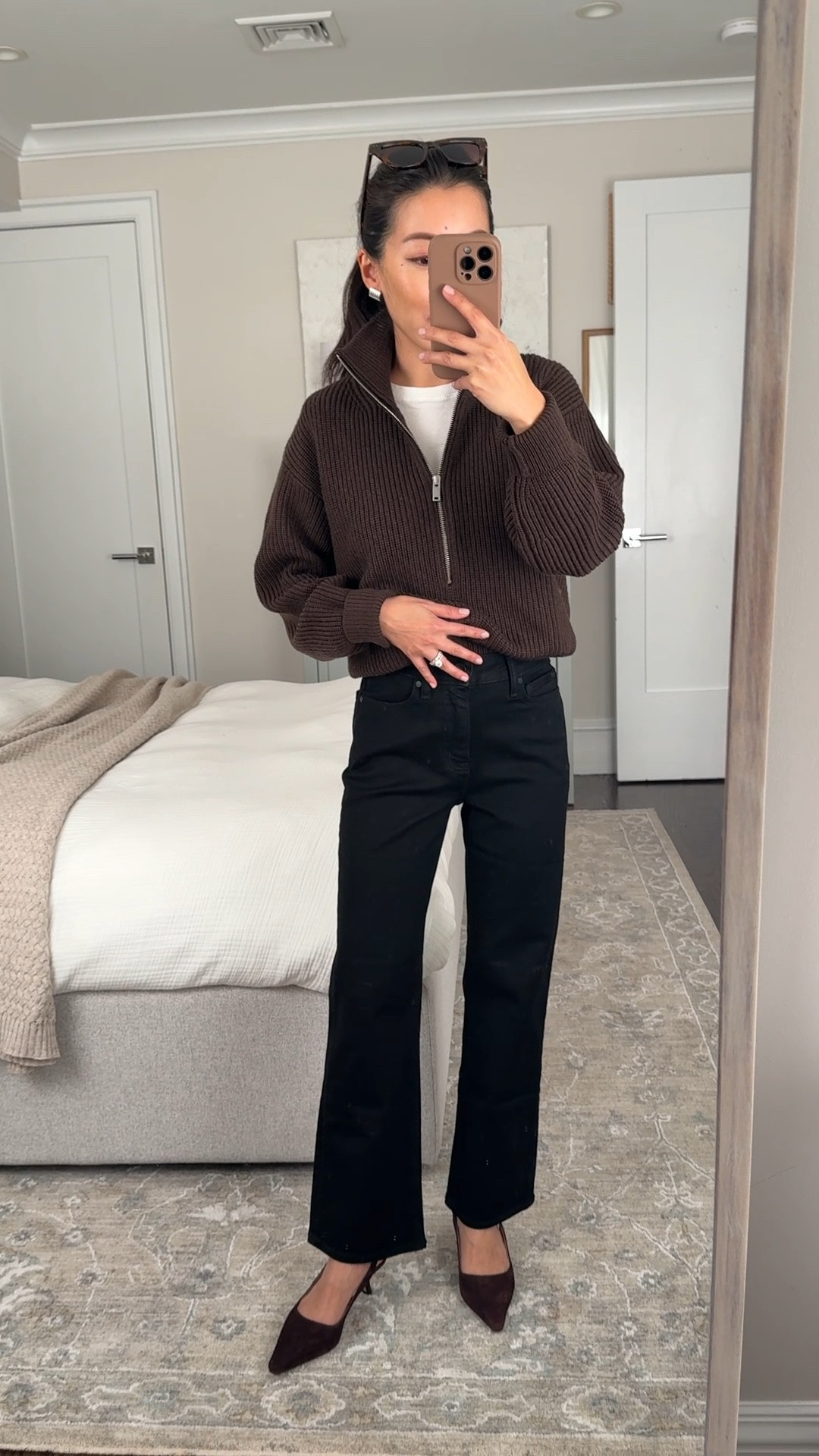 Trying on another cut of Quince $50 stretch jeans - these are the straight leg in 24 waist shortest inseam. 

Petite friendly! Works with ankle boots, ballet flats, kitten heels.

Quince merino wool half zip sweater XS just restocked in brown. I usually wear this untucked with leggings and also have the cashmere version. 

winter work wear, smart casual, business casual outfit ideas  

 

#LTKPetite #LTKFindsUnder50 #LTKWorkwear