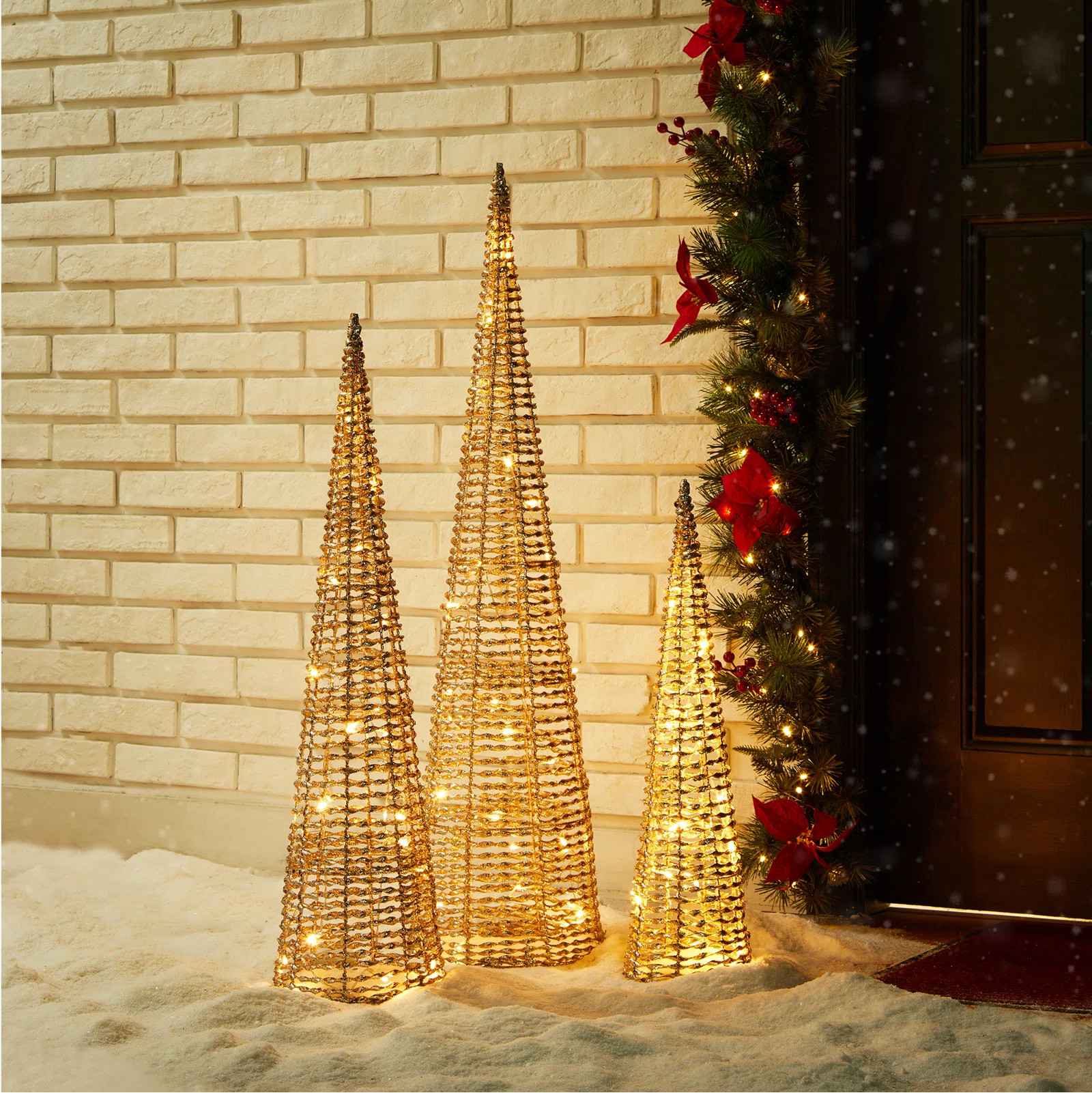 The Holiday Aisle® Set Of 3 Lighted Christmas Plastic Champagne Gold Cone Tree With 65 Warm Whit... | Wayfair North America