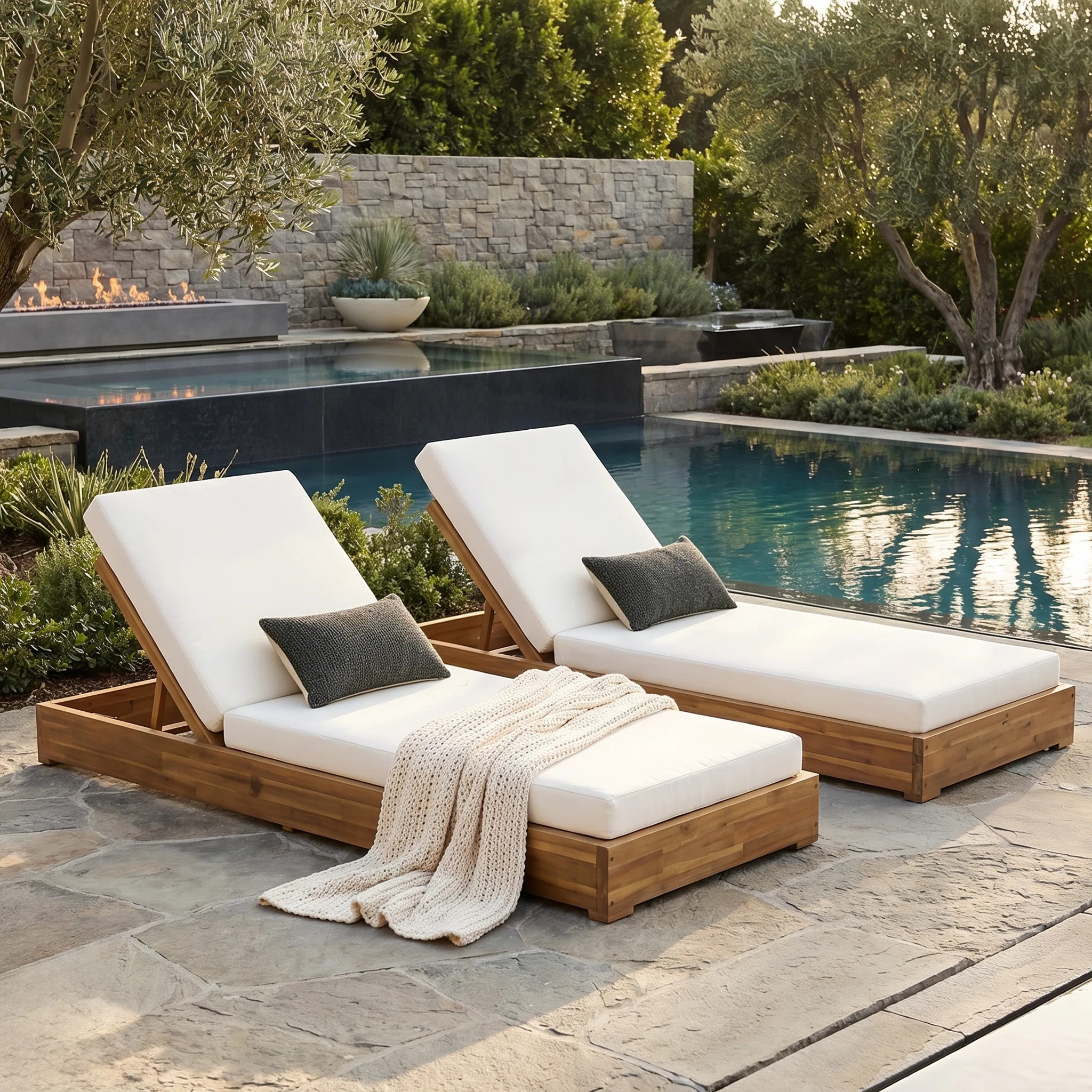 Leite 79" Long Reclining Outdoor Acacia Chaise Lounge Set with Cushions | Wayfair North America
