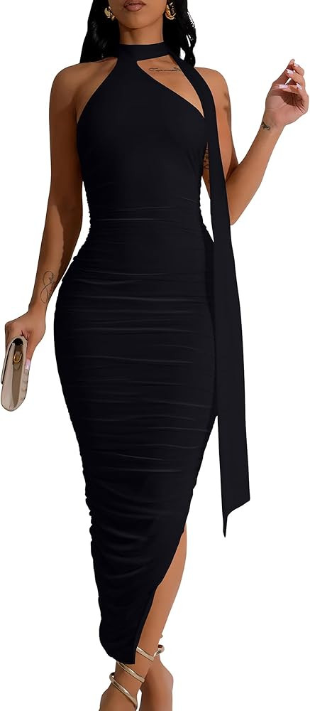 DAAWENXI Women's Summer Sexy Sleeveless Ruched Slit Midi Dress Halter Bodycon Party Cocktail Dres... | Amazon (US)