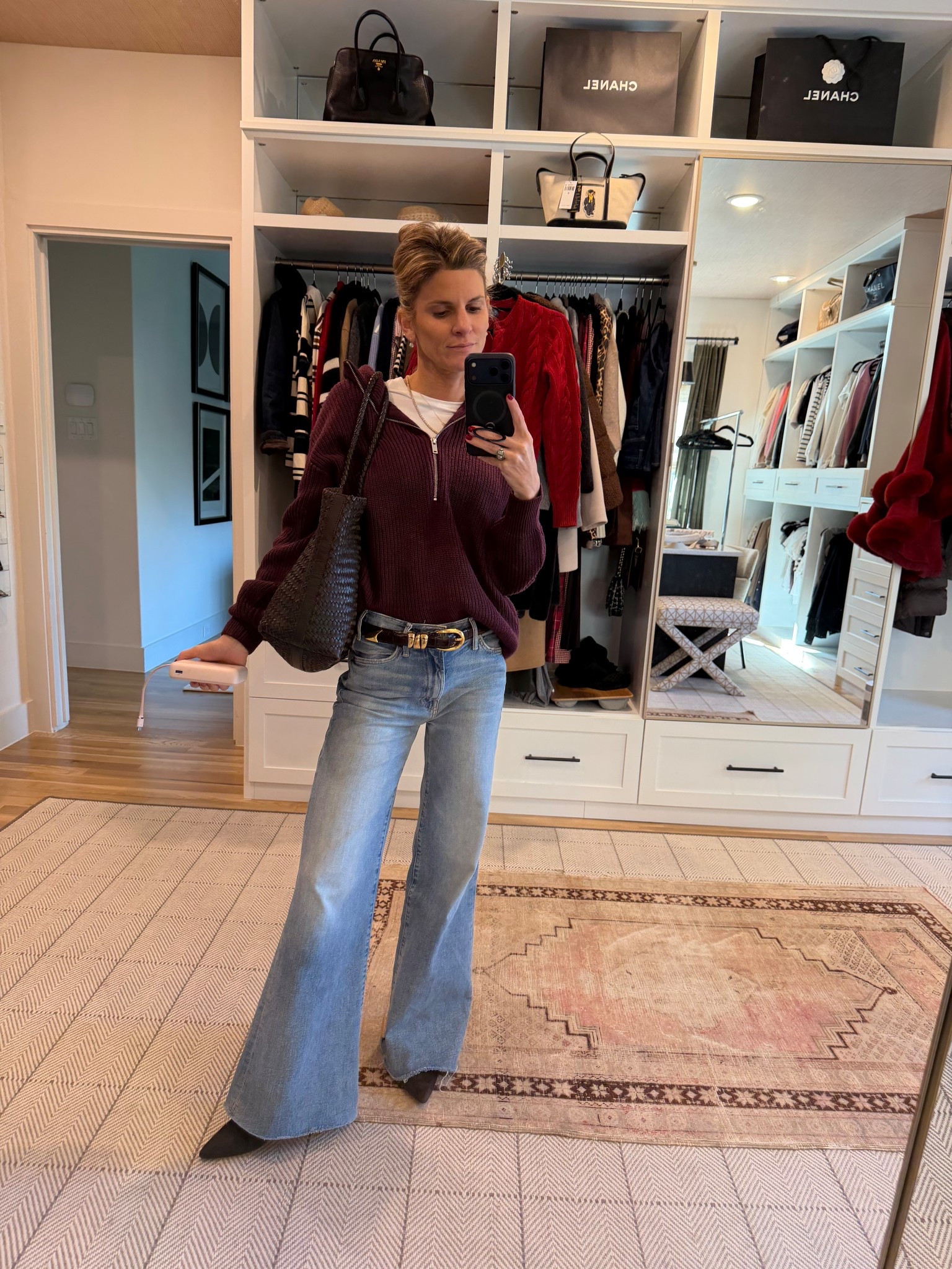 Mother roller hustler wide leg jeans, quince burgundy sweater (XS) & Rhône layering tee (XS)