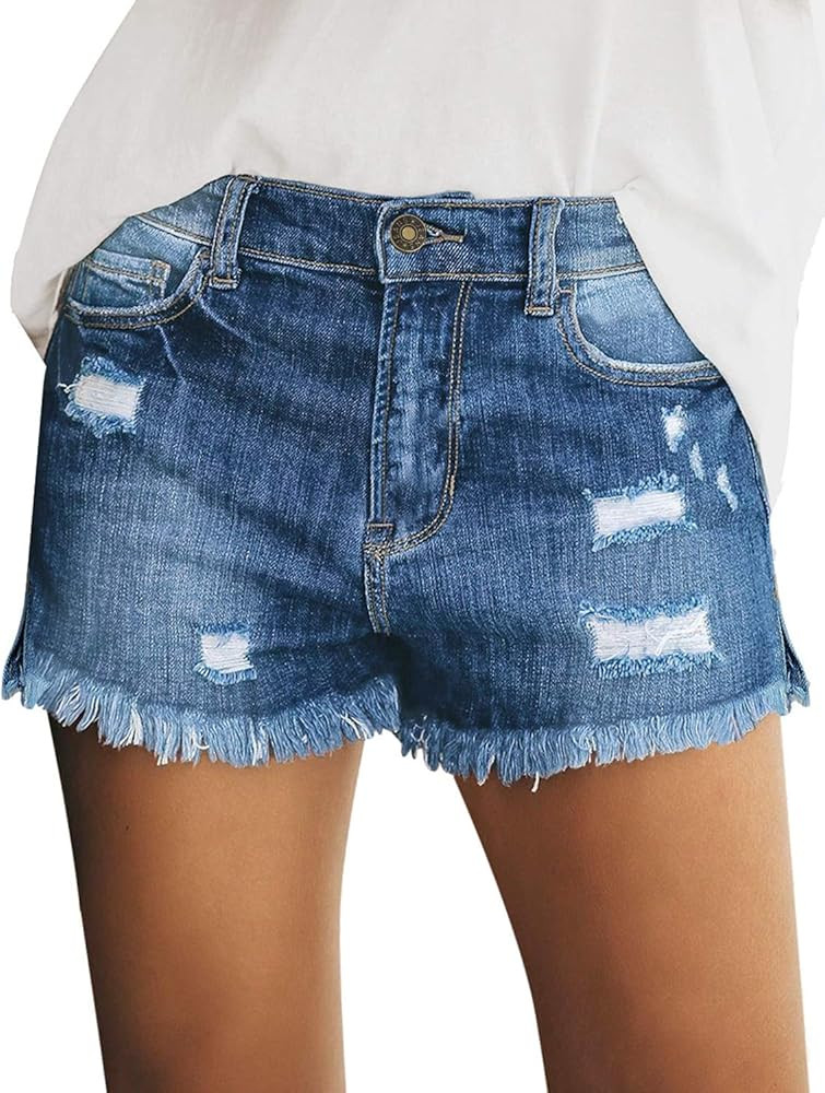 LookbookStore Women's Casual Mid Rise Ripped Denim Shorts Frayed Raw Hem Jeans | Amazon (US)
