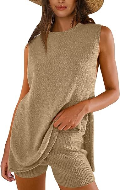 ANRABESS Women Summer 2 Piece Outfits Sleeveless Knit Sweater Top & Shorts Soft Lounge Sets Trave... | Amazon (US)