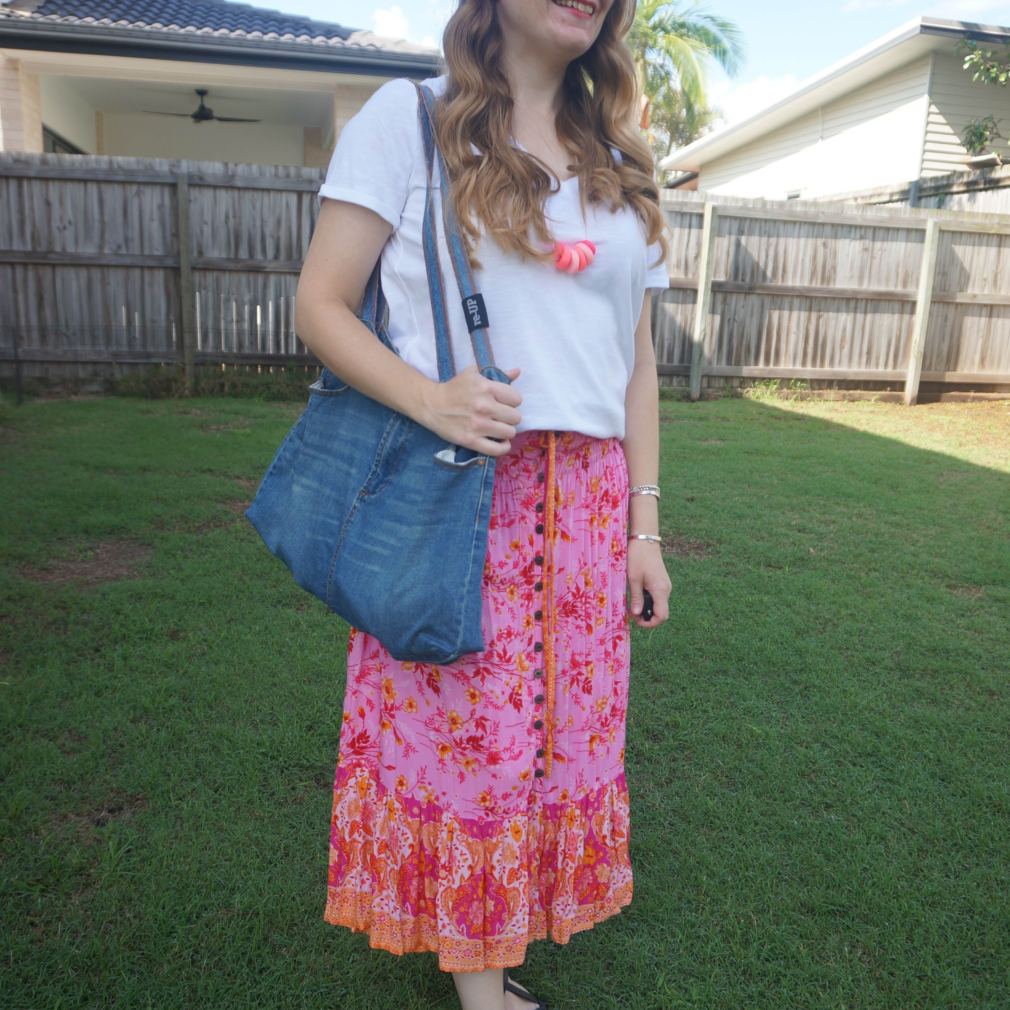 White tee with pink floral midi skirt and upcycled denim tote bag 💕

#LTKbag #LTKspring #LTKaustralia