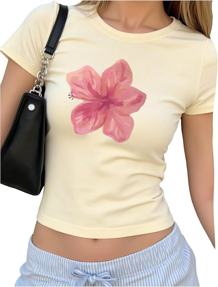 Floral Graphic Crop Tops for Girls Short Sleeve Slim fit Preppy Summer T Shirt Y2k Tops Trendy | Amazon (US)