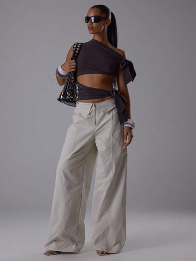 MUSERA Wide Leg Zip Front Fold Over Detail Structured Trousers Classy Night Out Sexy Cute Coolgirl Streetwear Dawn Winter Party Pants | SHEIN