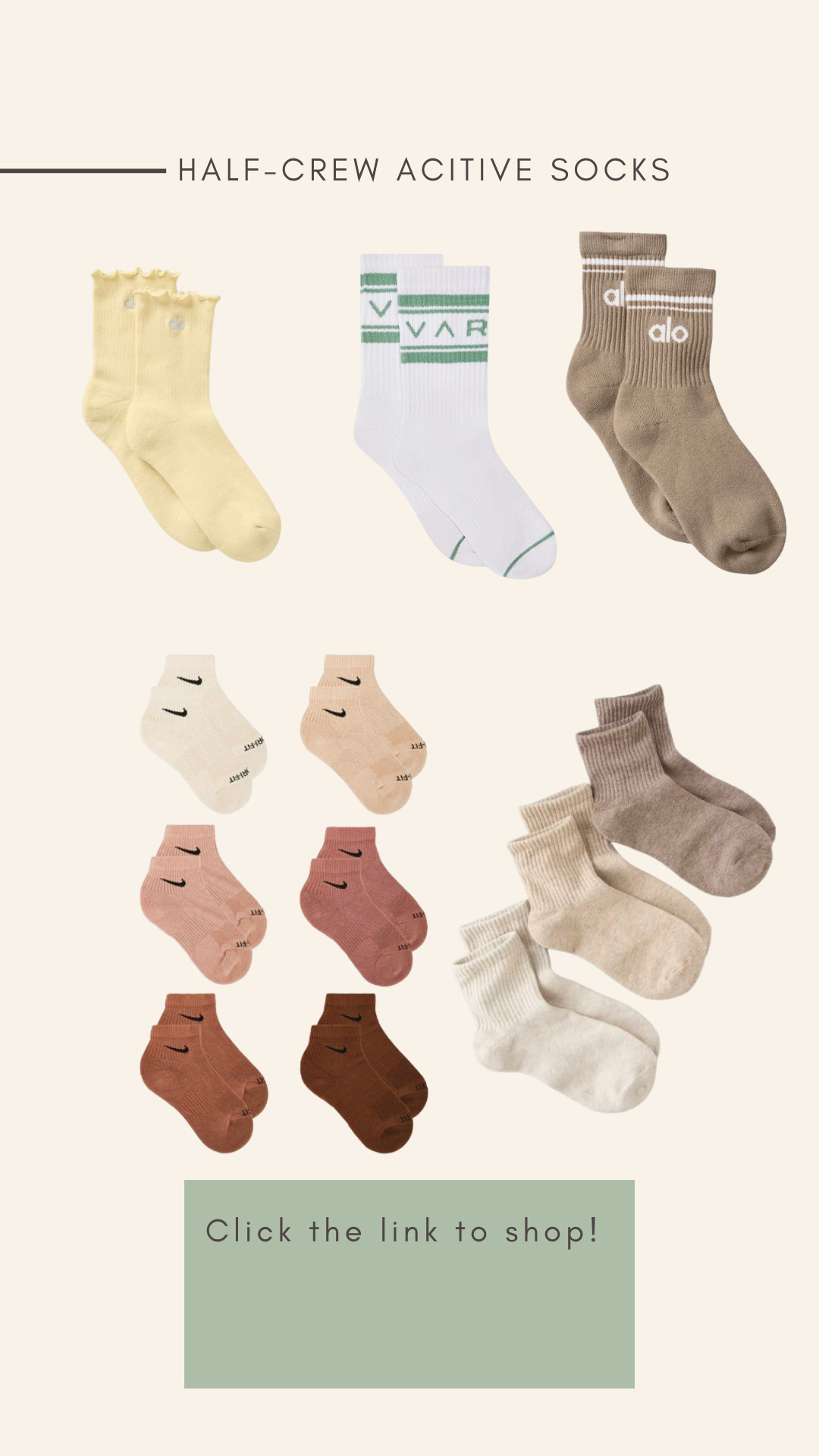 Since I have a petite frame, only half crew cut socks look right on me.  Here is a roundup a few of my favorites!

Athletic socks, half crewcut socks, alo socks, nike socks, neutral socks, varley socks 

 #LTKActive #LTKPetite