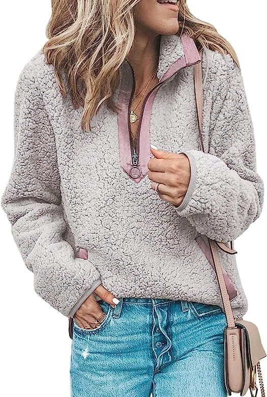 Women's Stand Collar Half Zipper Fuzzy Fleece Sherpa Pullover Sweatshirt Coat Winter Outwear with... | Amazon (US)