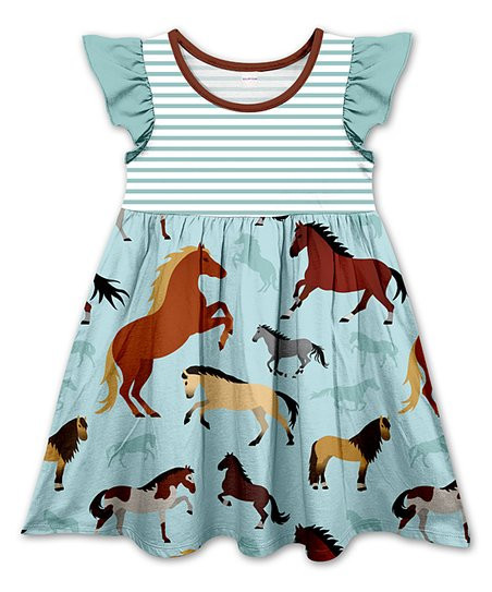 Penelope Plumm Powder Blue Stripe Horse Angel-Sleeve Dress - Toddler & Girls | Zulily