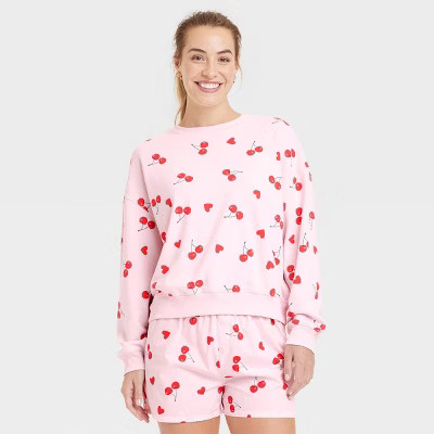 Women's Cherry Hearts Printed Graphic Sweatshirt - Pink L | Target