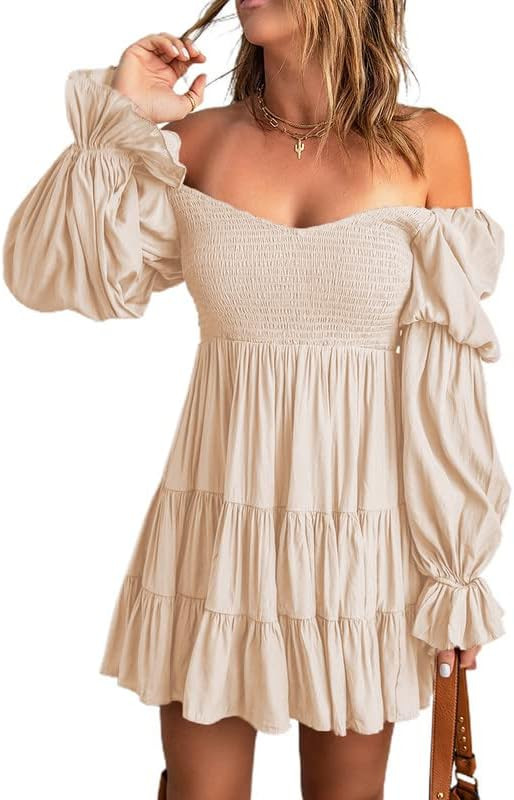 Dokotoo Womens 2023 Summer Spring Elegant Off The Shoulder V Neck Long Sleeve Ruffle Flowy Mini S... | Amazon (US)