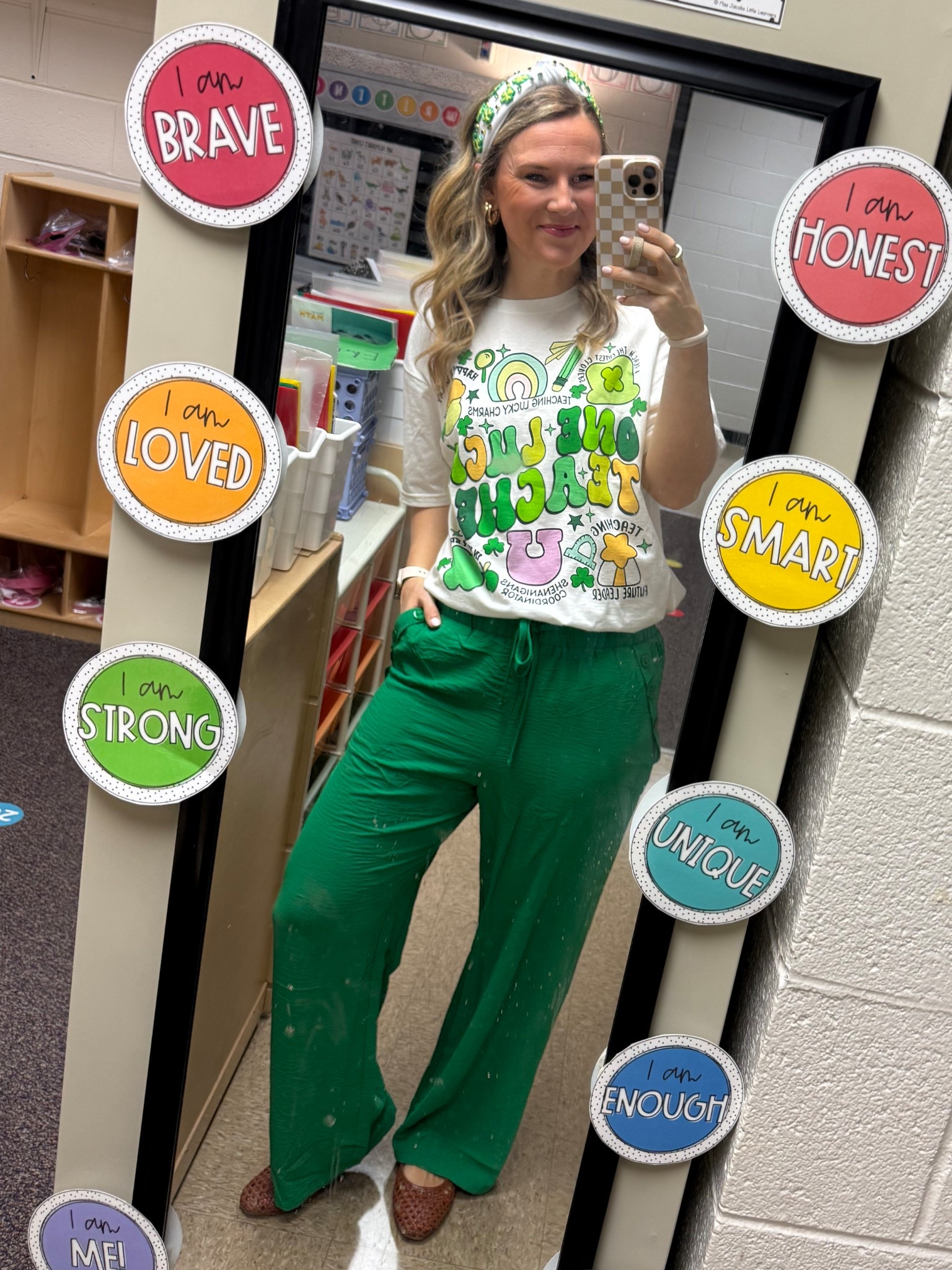 It was a LUCKY day! Loving some good teacher themed holiday t shirts! But the real winner here are these PANTS! Omg SO GOOD! So comfy (great to teach in) and I am obsessed with the button detail on the real pockets! These are perfect spring pants! Come in so many color options too! 💚 

#teacher #teacherootd #teacheroutfit #teacheroutfits #springoutfit 

#LTKFindsUnder50 #LTKStyleTip #LTKSpringSale