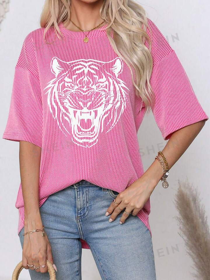 SHEIN LUNE Tiger Print  Trendy Ribbed Womens Tops Summer Loose Oversized Drop Shoulder T Shirts | SHEIN