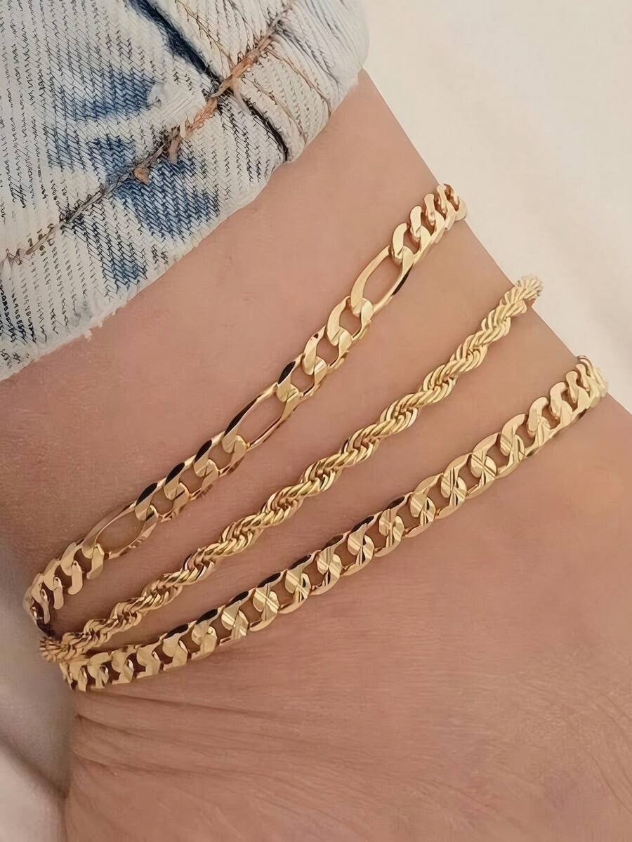 3pcs/Set Gold Multilayer Chain Unique Design Anklet, Beach & Street Style, Suitable For Women's D... | SHEIN