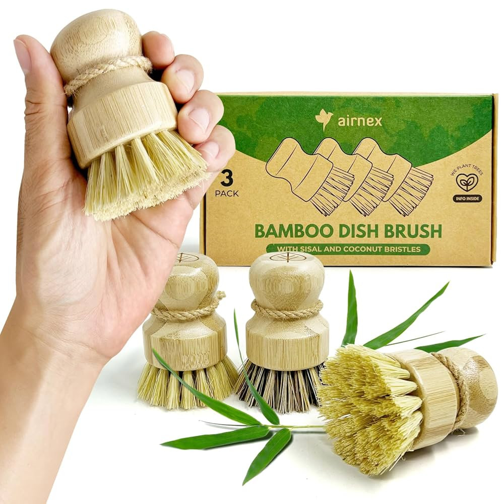 Bamboo Dish Brush Set of 3-100% Plastic Free Kitchen Scrubber with Medium Stiff Sisal and Strong ... | Amazon (US)