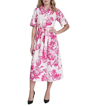 DKNY by Donna Karan Elbow Sleeve Button Front Belted Shirt Midi Dress | Dillard's