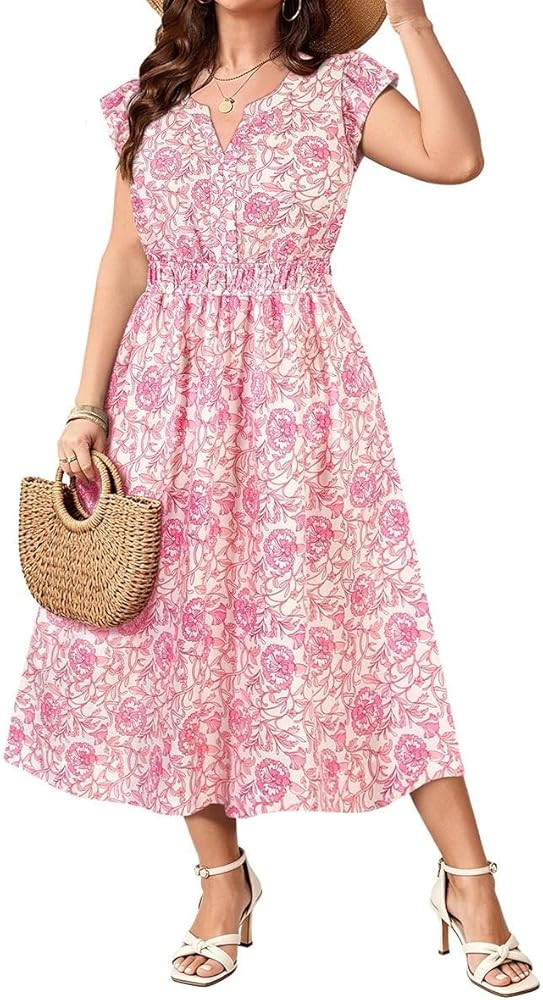 RITERA Plus Size Dresses for Women Ruffle Cap Sleeve Summer Maxi Dress V Neck Boho Sundress with ... | Amazon (US)