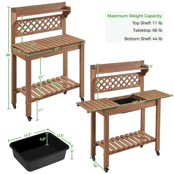 Jihane Fir Wood Potting Bench with Sliding Tabletop and Lockable Wheels | Wayfair North America
