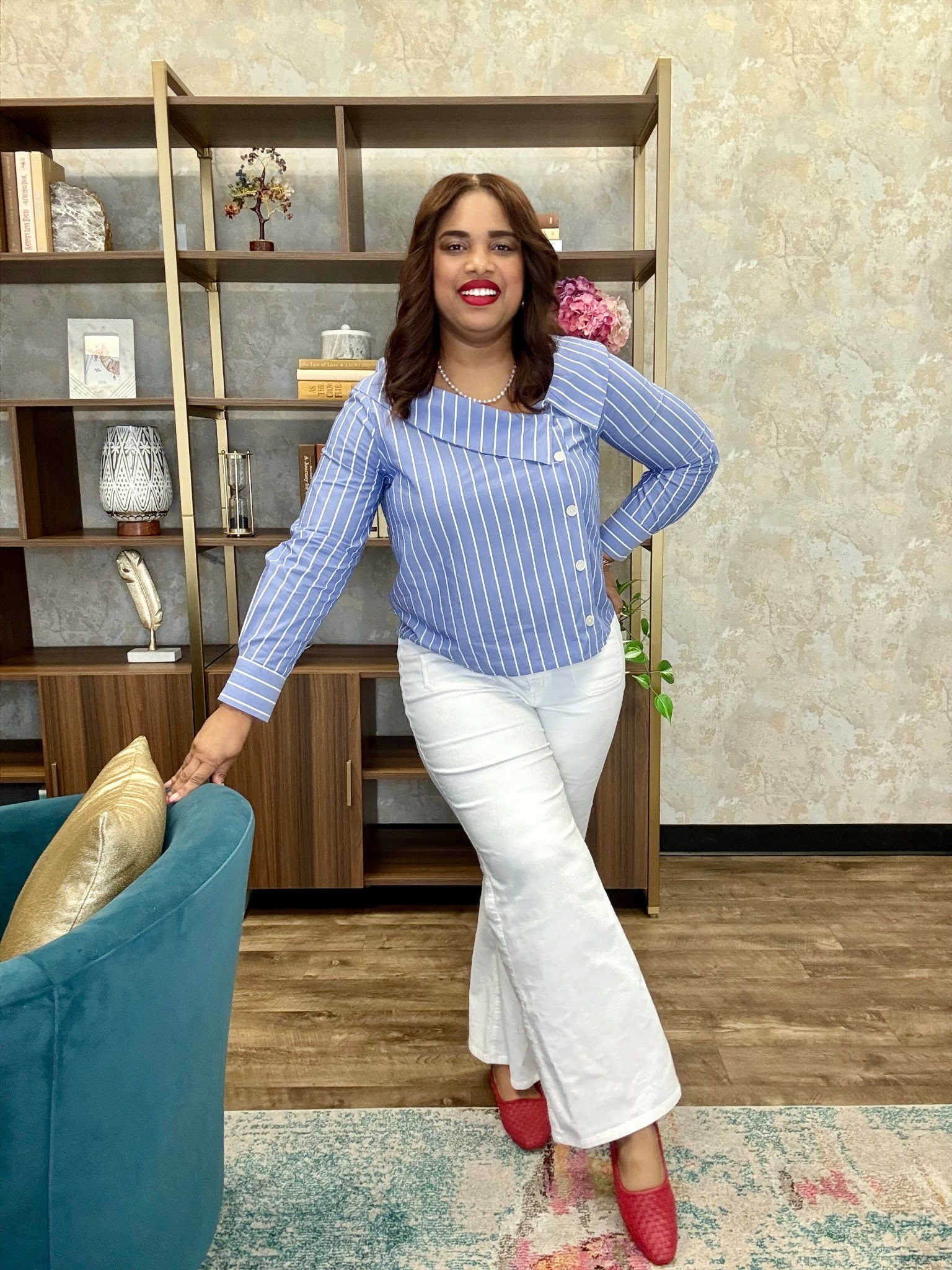 On deck is this cute coastal look! I’m bringing nautical vibes  today in the office!
I brought in a pop of red with my woven red flats and my bawse lady lippie 👄
I’m wearing a L in the top. It fits true to size and 40% off!
The shoes look so high end but are such a steal! They run big so size down 1/2 to a whole size.
Feeling like the boss that I am today 💪🏽

#LTKWorkwear #LTKSaleAlert #LTKFindsUnder50