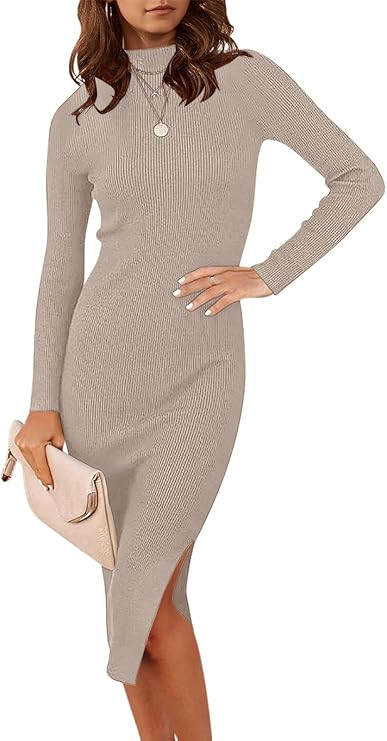 ANRABESS Women's 2023 Fall Long Sleeve Sweater Dress Turtleneck Slim Fit Ribbed Knit Slit Midi Dr... | Amazon (US)