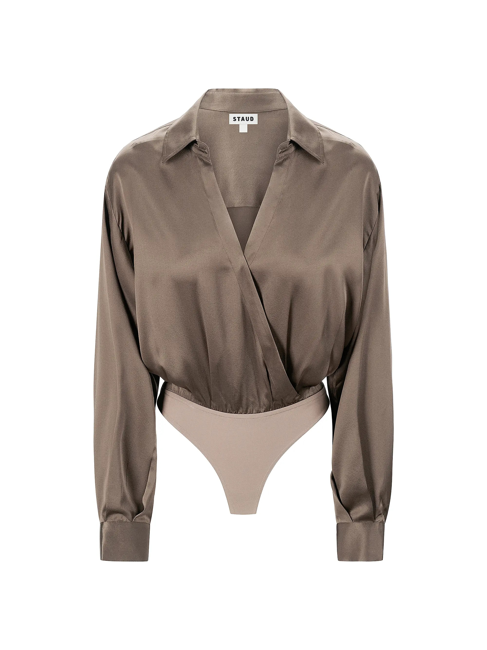Staud Eve Stretch-Silk Surplice-Neck Bodysuit | Saks Fifth Avenue | Saks Fifth Avenue