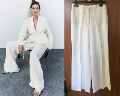 NWT ZARA ZW COLLECTION ECRU WIDE LEG LINEN/VISCOSE TROUSERS, PANTS - M | eBay US