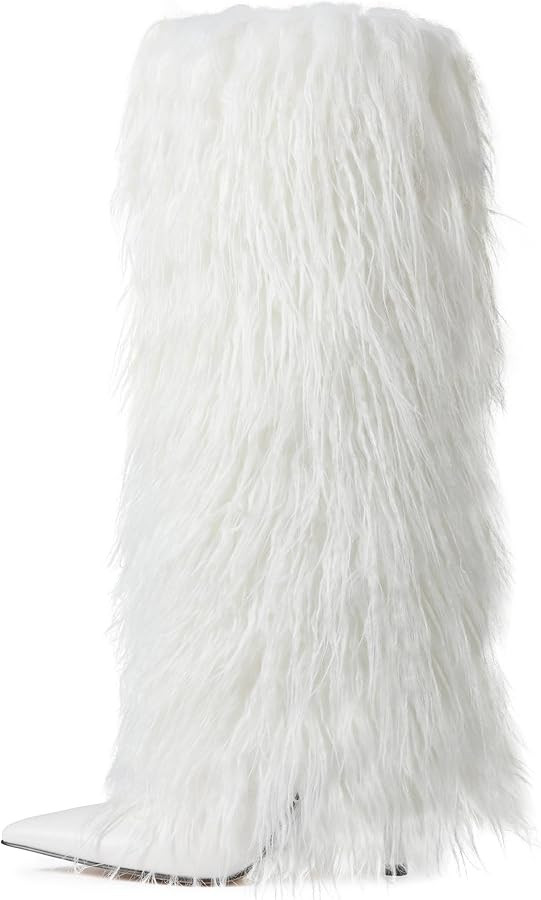 Kalstage Women Fur Knee High Boots Heels Wide Calf Fold Over Tall Boots for Party Evening Fashion... | Amazon (US)