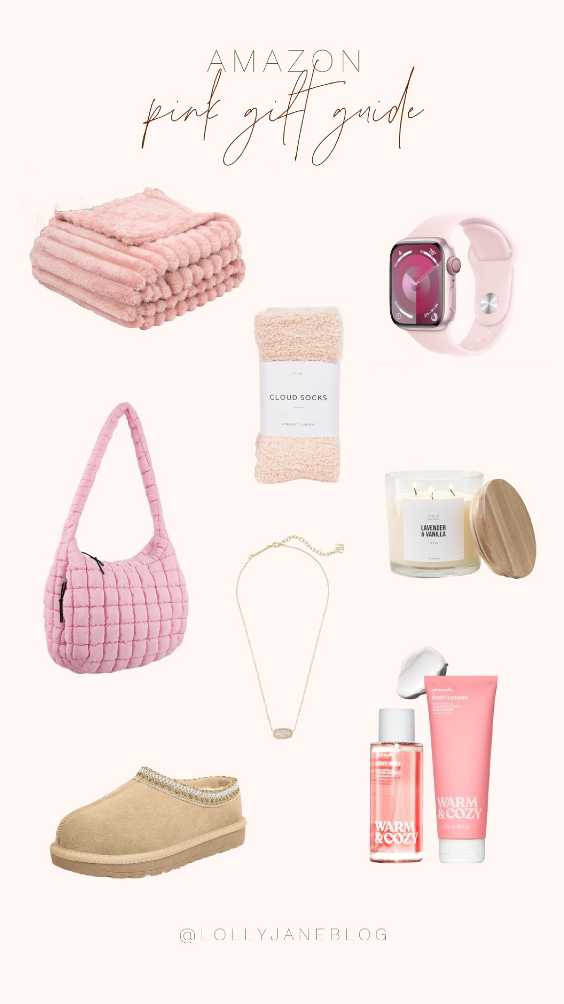 Amazon pink gift guide for her! 💕

Feeling cozy never looked this cute! Get ready to indulge in all things pink with this dreamy collection of essentials from Amazon. Imagine snuggling up with a super soft pink blanket and fuzzy socks, while a sweet vanilla candle fills the air with warmth and relaxation.

Complete your look with a stylish pink Apple Watch, ankle boots perfect for winter, and a chic pink purse to match. Add a little luxury with a Kendra Scott necklace and finish it all off with a gorgeous pink perfume and lotion set.✨

This is the self-care upgrade you didn’t know you needed. Treat yourself (or someone special) to a world of pink perfection! Tap the link to shop and make your life a little more fabulous. ✨ #PinkVibes #CozyAndCute #WinterReady #SelfCare #AmazonFinds #TreatYourself #KendraScott #PinkEverything

#LTKHoliday #LTKHome #LTKGiftGuide