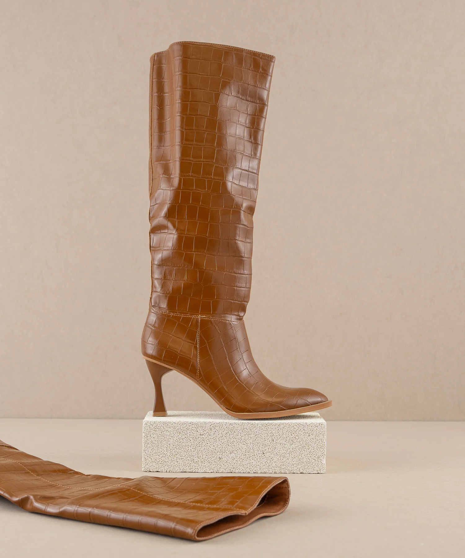 The Vanessa | Brown Alligator Print Knee High Boot | Oasis Society