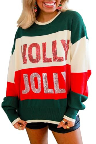 Apvirdy Womens Sequined Holly Jolly Sweater Crewneck Long Sleeve Knit Pullover Drop Shoulder Color Block Sweaters Green | Amazon (US)