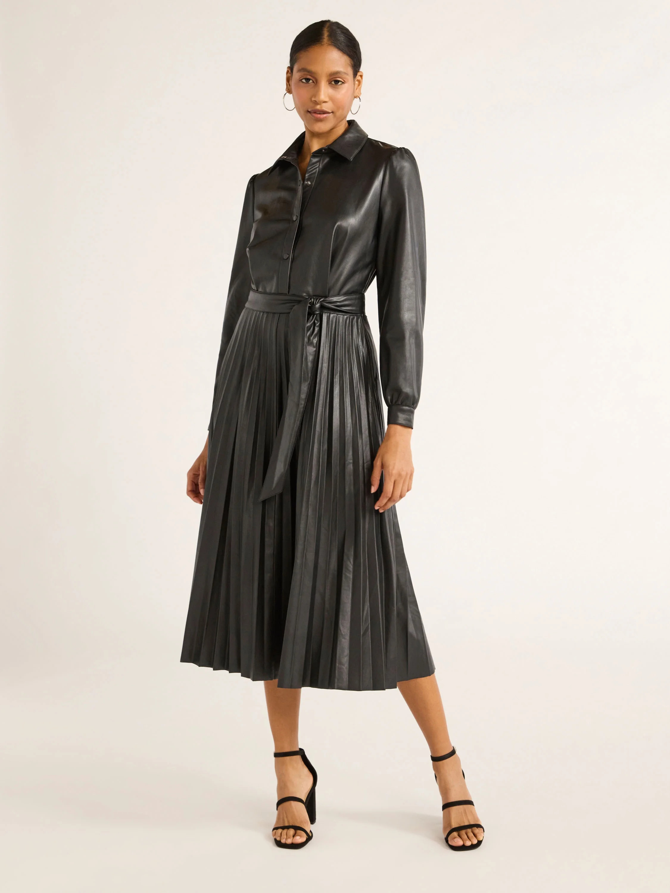 Scoop Women's Faux Leather Pleated Shirtdress with Self Tie Belt, Sizes XS-XXL | Walmart (US)