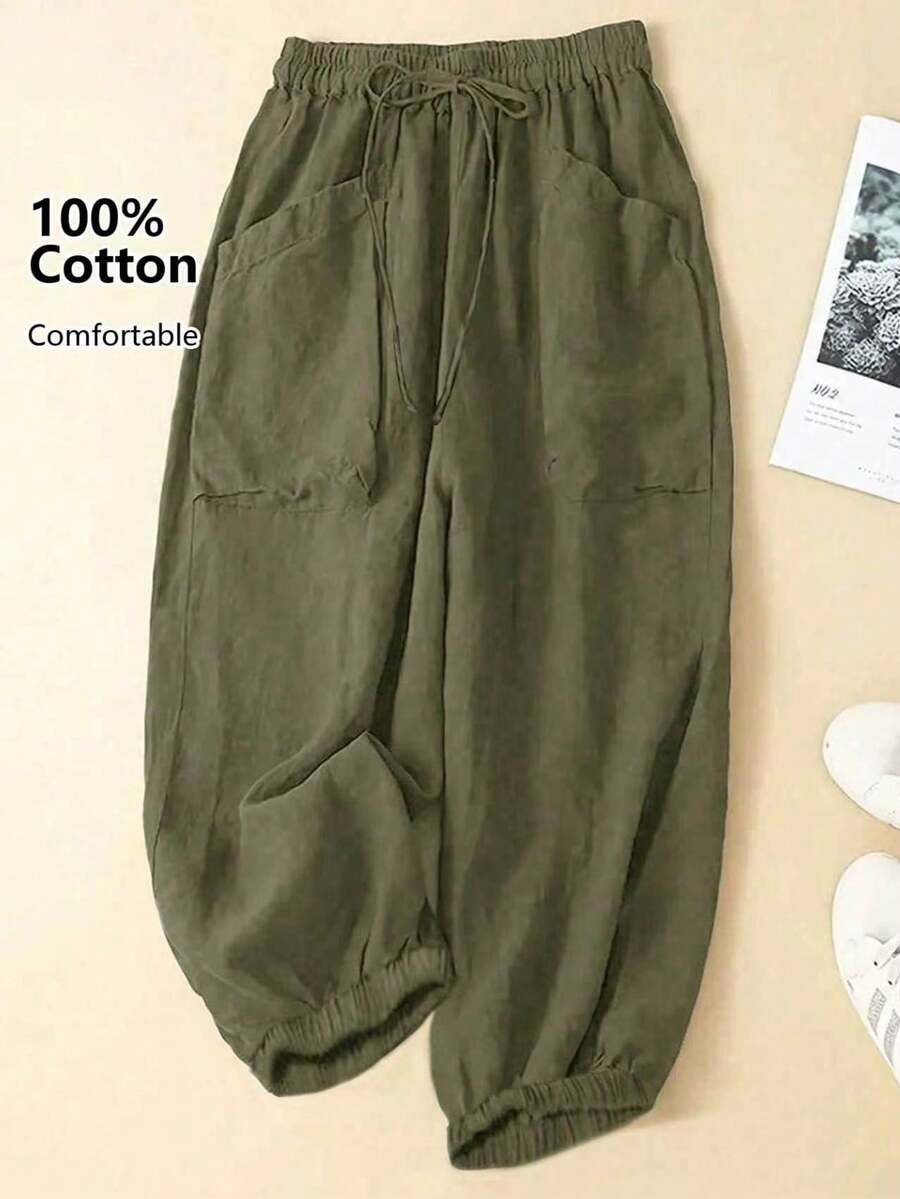 Linhara Plus Size Women Solid Color Minimalist Casual Drawstring Pants Fall | SHEIN
