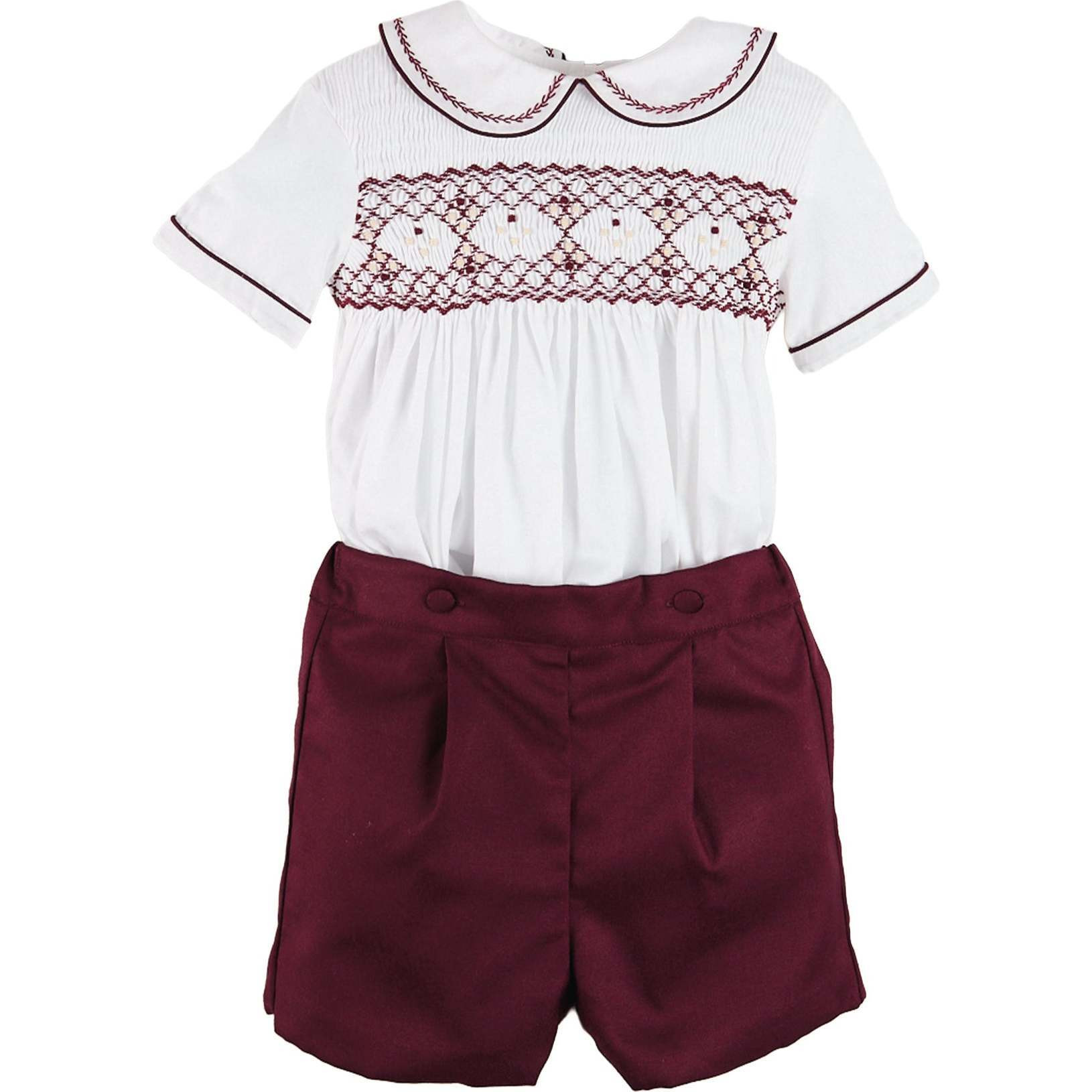 Hand Smocked Peter Pan Collar Short Sleeve Two Piece Set, Burgundy | Maisonette