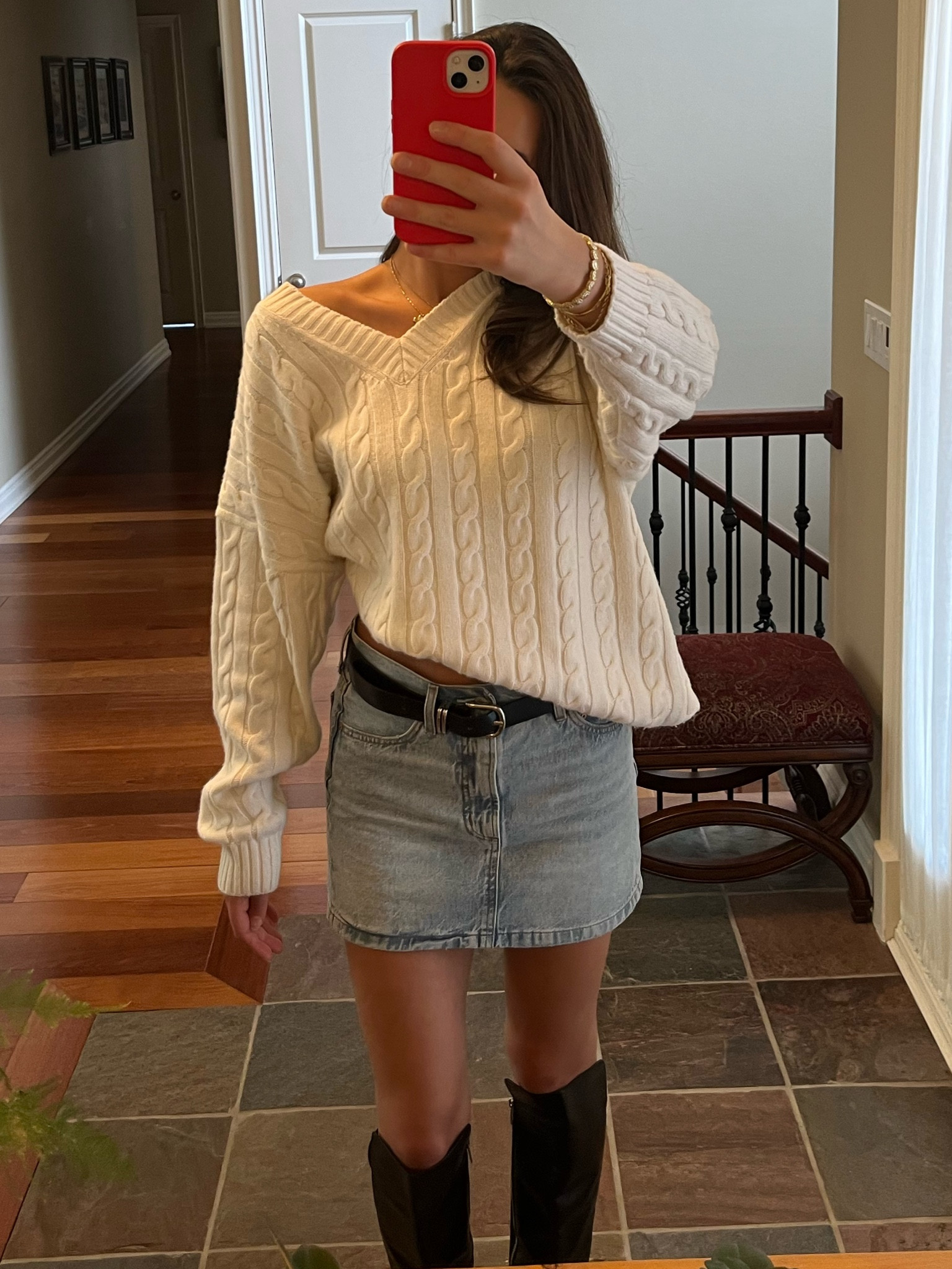 Add a chunky oversized cable knit sweater and denim skirt to your capsule wardrobe essentials this fall! Pair with a black belt and boots 🤍

#LTKautumn #LTKcanada #LTKstyletip